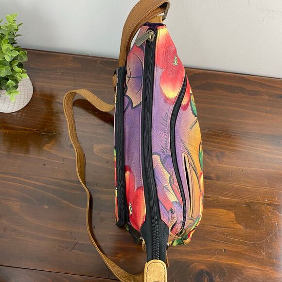 Anuschka Hand Painted Multi Pocket Hobo Leather Crossbody Bag Cat Floral Motif - Picture 8 of 14